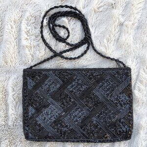 VINTAGE La Regale Black Crystal Beaded Handmade, Beaded Strap Evening Bag